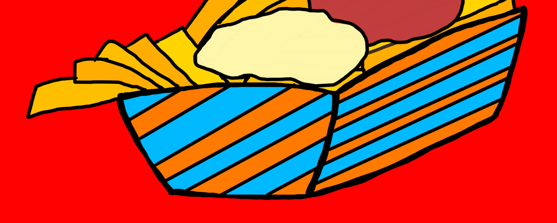 Hand-drawn fries in a blue and orange paper container. The fries are topped with mayo and ketchup.