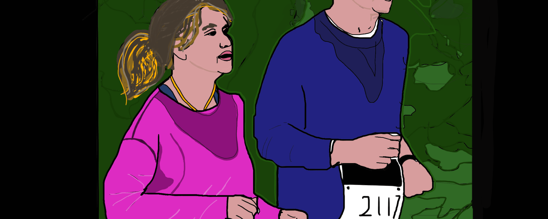 Two characters from the movie "Brittany Runs a Marathon" slowly run next to each other in a park